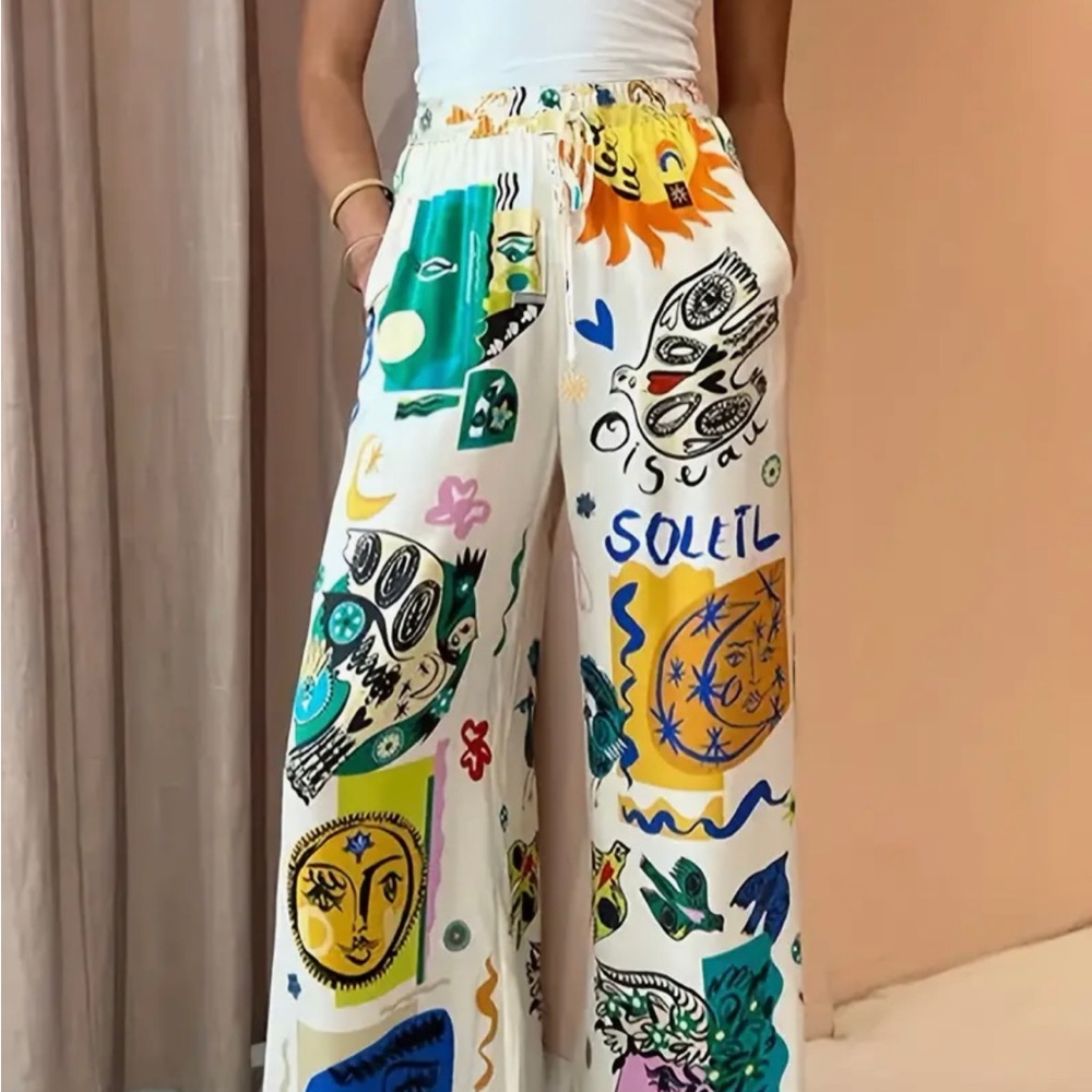 Graphic print elastic waist wide leg pants